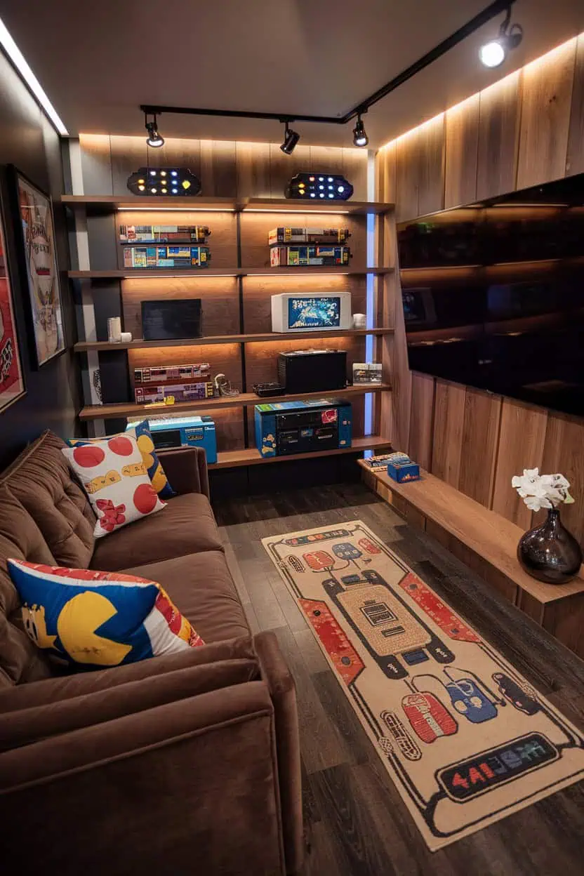 Retro-themed gaming room with vintage consoles and decor.