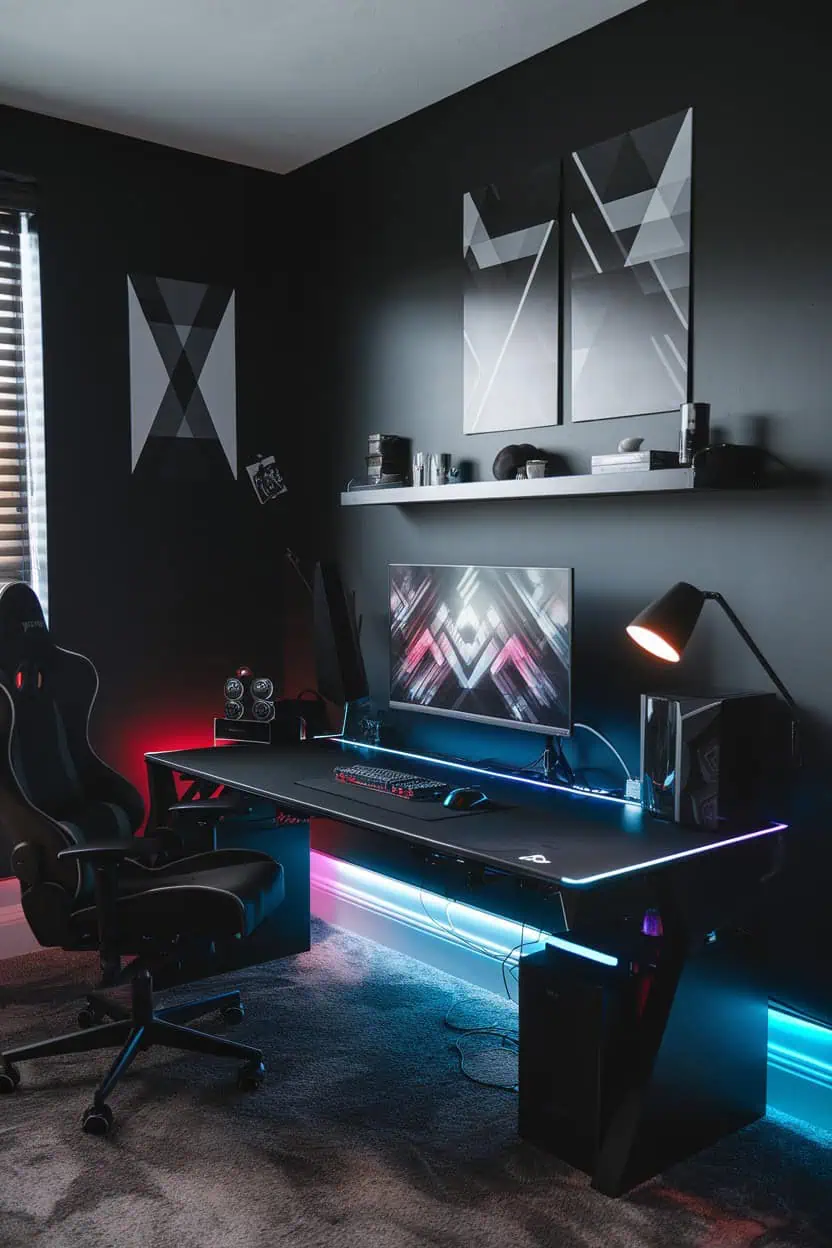 Sleek black gaming room with dark decor and LED lighting.