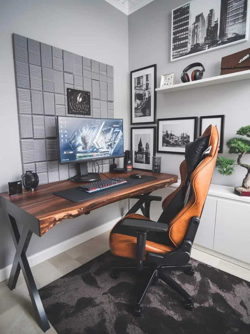 Sleek gaming room with leather chair and modern design.