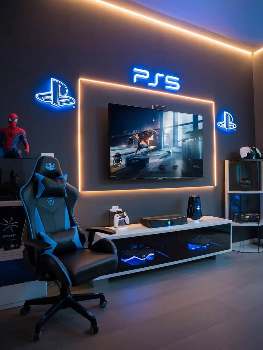 Sleek PS5-themed gaming room with neon lighting and decor.