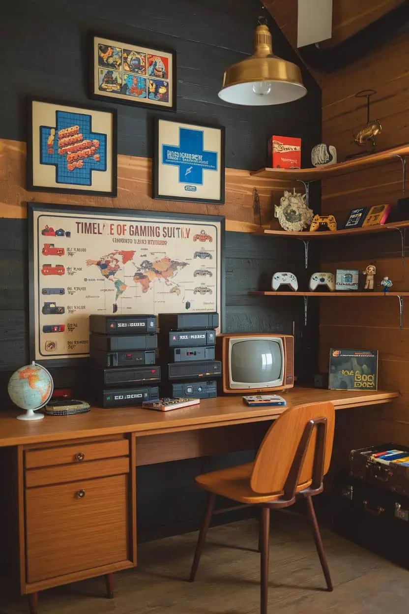 Vintage gaming room with retro consoles and nostalgic decor.