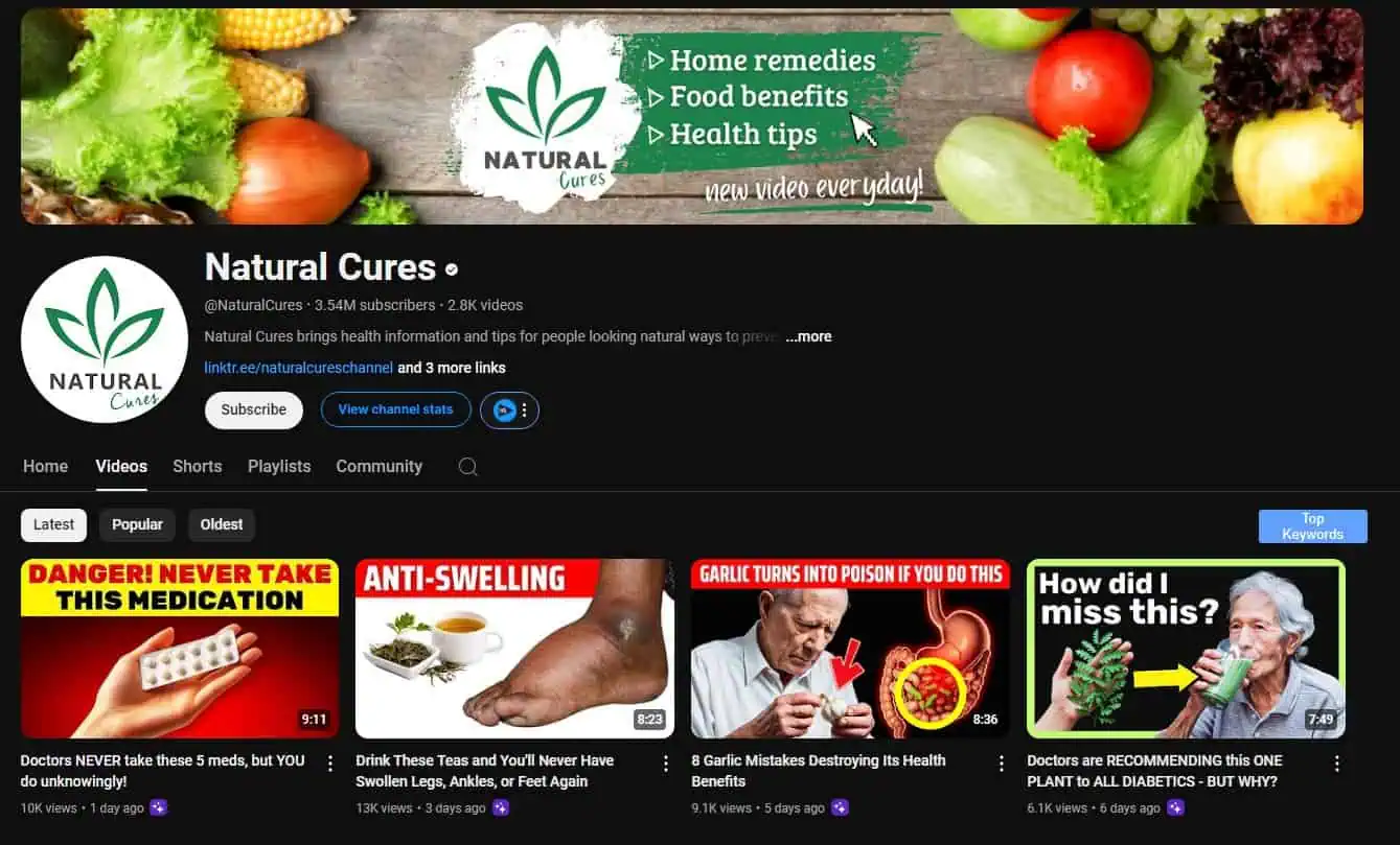 A YouTube channel page for "Natural Cures," which has 3.54M subscribers and 2.8K videos. The channel banner highlights topics like "Home remedies," "Food benefits," and "Health tips" with the tagline "New video every day!