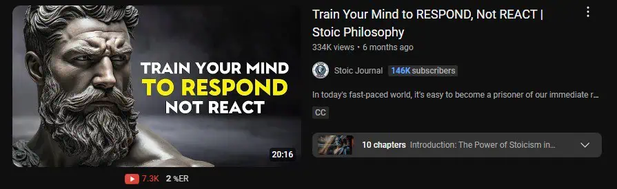 A YouTube video thumbnail featuring a statue of a philosopher with the text "TRAIN YOUR MIND TO RESPOND NOT REACT" in bold yellow and white letters. The video title reads "Train Your Mind to RESPOND, Not REACT | Stoic Philosophy" by the channel Stoic Journal, which has 146K subscribers. The thumbnail suggests content centered around Stoic philosophy, self-control, and mindfulness techniques.