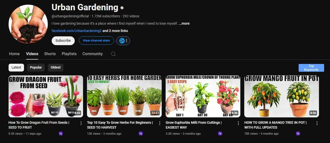 A YouTube channel page for "Urban Gardening," which has 1.72M subscribers and 292 videos. The channel’s profile picture features hands holding a small seedling, symbolizing growth and gardening. The banner showcases a variety of recent videos, including tutorials on growing dragon fruit, easy herbs for beginners, and tips for planting mango trees. Each video thumbnail features vibrant images of plants and bold text, indicating the focus on home gardening and plant care for urban environments.