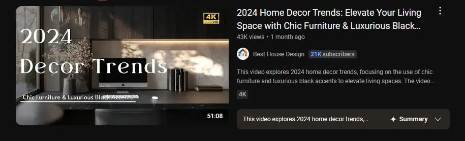  YouTube video thumbnail featuring a modern home office setup with the text "2024 Decor Trends." The video title reads "2024 Home Decor Trends: Elevate Your Living Space with Chic Furniture & Luxurious Black Accents" by the channel Best House Design, which has 21K subscribers. The thumbnail and title suggest a focus on contemporary home decor ideas using chic furniture and black accent pieces, aimed at helping viewers update their living spaces with the latest design trends.