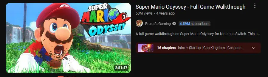  A YouTube video thumbnail featuring the character Mario from the game "Super Mario Odyssey" with the game’s logo in the top right corner. The video title reads "Super Mario Odyssey - Full Game Walkthrough" by the channel ProsafiaGaming