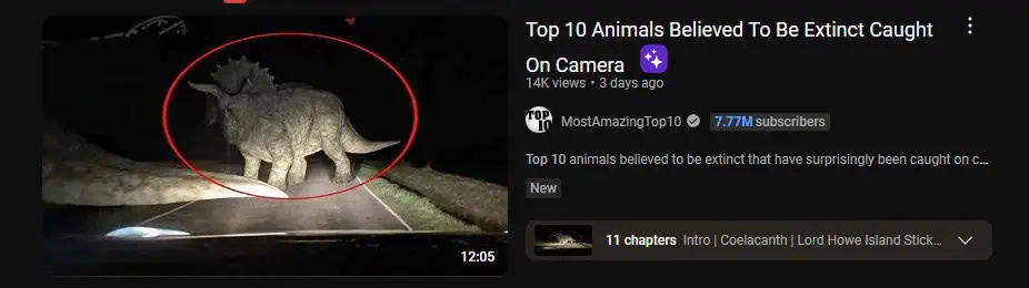 A YouTube video thumbnail showing a nighttime image of a triceratops-like dinosaur circled in red, suggesting an unusual sighting. The video title reads "Top 10 Animals Believed To Be Extinct Caught On Camera" by the channel MostAmazingTop10