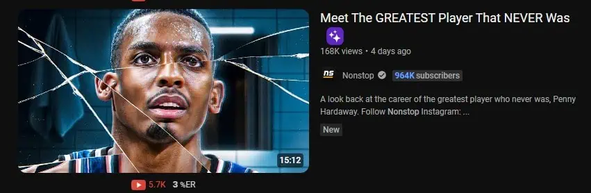 A YouTube video thumbnail featuring Penny Hardaway with shattered glass effects around his face. The video title reads "Meet The GREATEST Player That NEVER Was" by the channel Nonstop