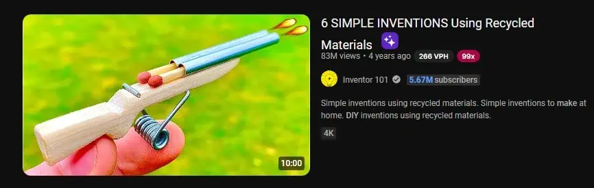 A YouTube video thumbnail showing a small DIY invention made using recycled materials, resembling a mini launcher constructed from clothespins, springs, and small metal rods. The video title reads "6 SIMPLE INVENTIONS Using Recycled Materials" by the channel Inventor 101, which has 5.67M subscribers.