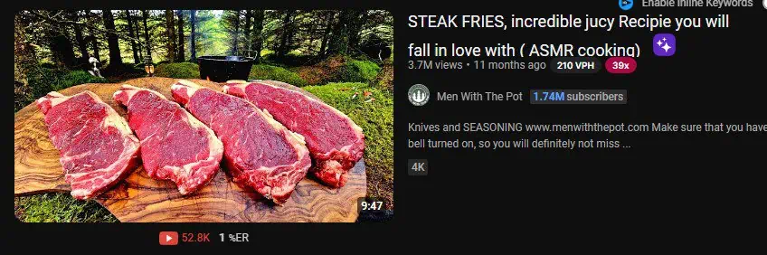 A YouTube video thumbnail featuring four large raw steak cuts placed on a wooden board in an outdoor setting surrounded by trees. The video title reads "STEAK FRIES, incredible juicy Recipe you will fall in love with (ASMR cooking)" by the channel Men With The Pot