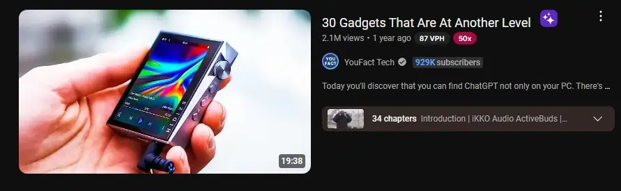 A YouTube video thumbnail showing a close-up of a hand holding a small portable gadget with a vibrant display screen. The video title reads "30 Gadgets That Are At Another Level" by the channel YouFact Tech, which has 929K subscribers.