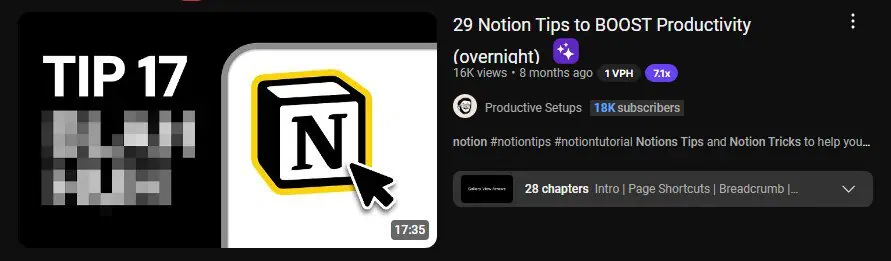 A YouTube video thumbnail featuring the Notion logo with the text "TIP 17" on the left side. The video title reads "29 Notion Tips to BOOST Productivity" by the channel Productive Setups,