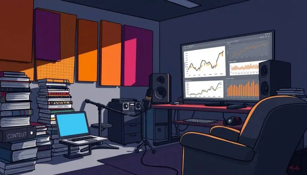 A detailed illustration of a home studio setup featuring a large monitor displaying multiple graphs and charts, a microphone on an adjustable arm, and speakers on both sides. The workspace includes a laptop, stacks of books, and acoustic panels on the walls in shades of orange and purple for soundproofing.