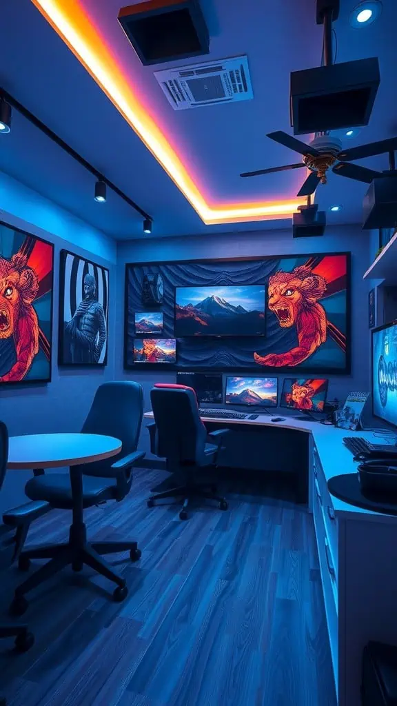 A stylish and colorful gamer studio with modern decor, featuring a gaming table, comfortable chairs, and vibrant lighting.