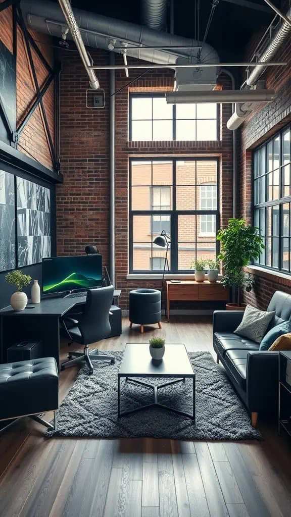 Stylish urban loft interior with brick walls, modern furniture, and warm lighting.