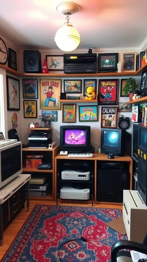 A cozy room filled with vintage electronics, retro posters, and a warm atmosphere.