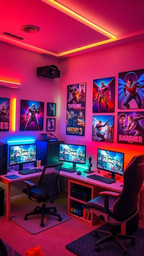 A colorful gaming room featuring two desks with monitors, vibrant LED lights, and framed game posters.