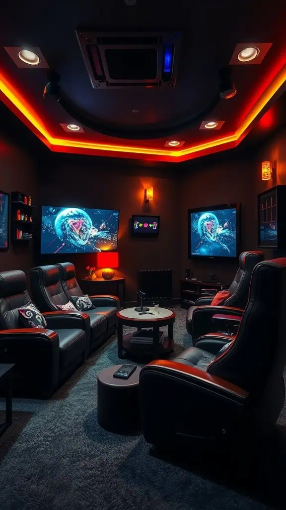 A cozy room with comfortable seating, two screens displaying colorful visuals, and warm ambient lighting.