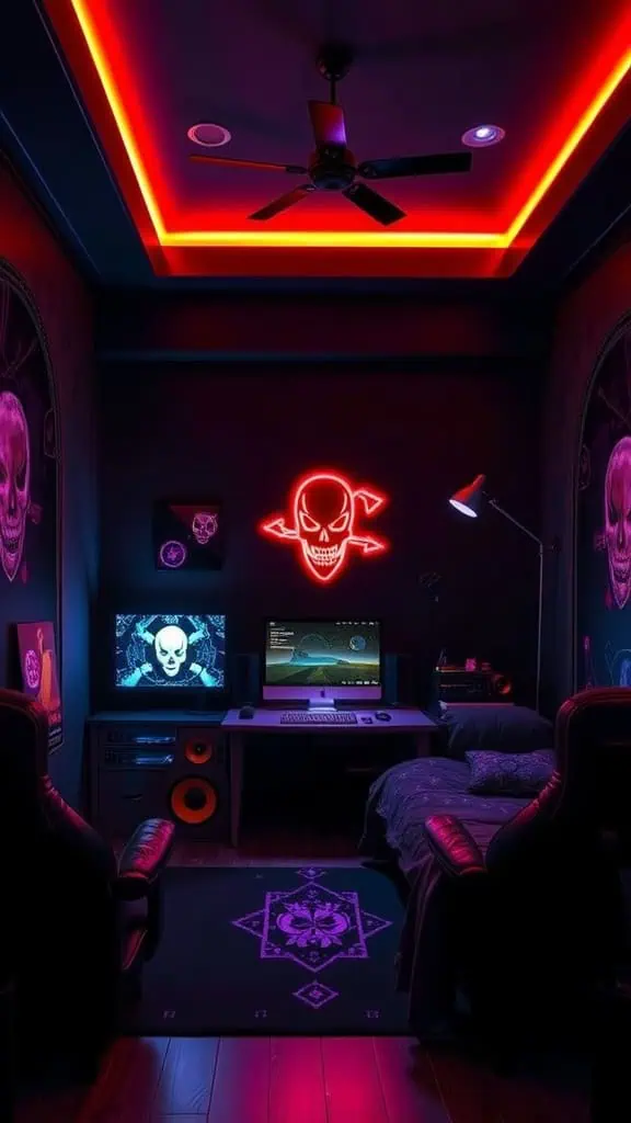 A dimly lit room with neon lights, featuring gaming chairs and monitors.