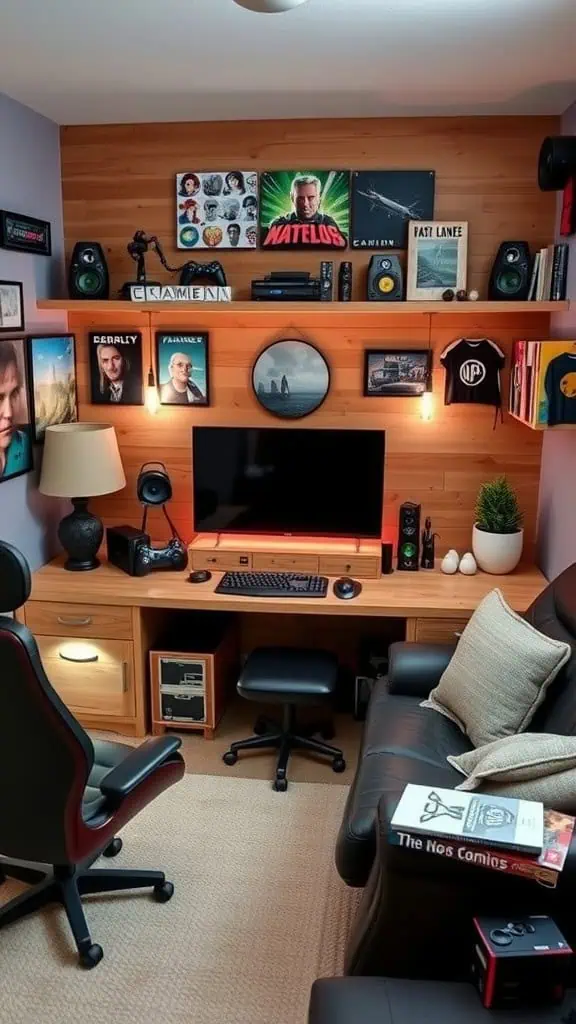 A cozy and stylish gamer workshop with a desk, gaming setup, and personal decor.