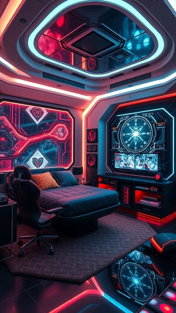 Interior of a futuristic tech zone featuring advanced technology and vibrant lighting.