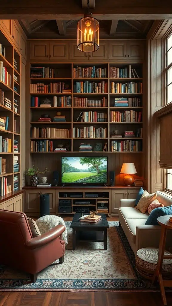 A cozy gaming library with bookshelves, a TV, and comfortable seating.