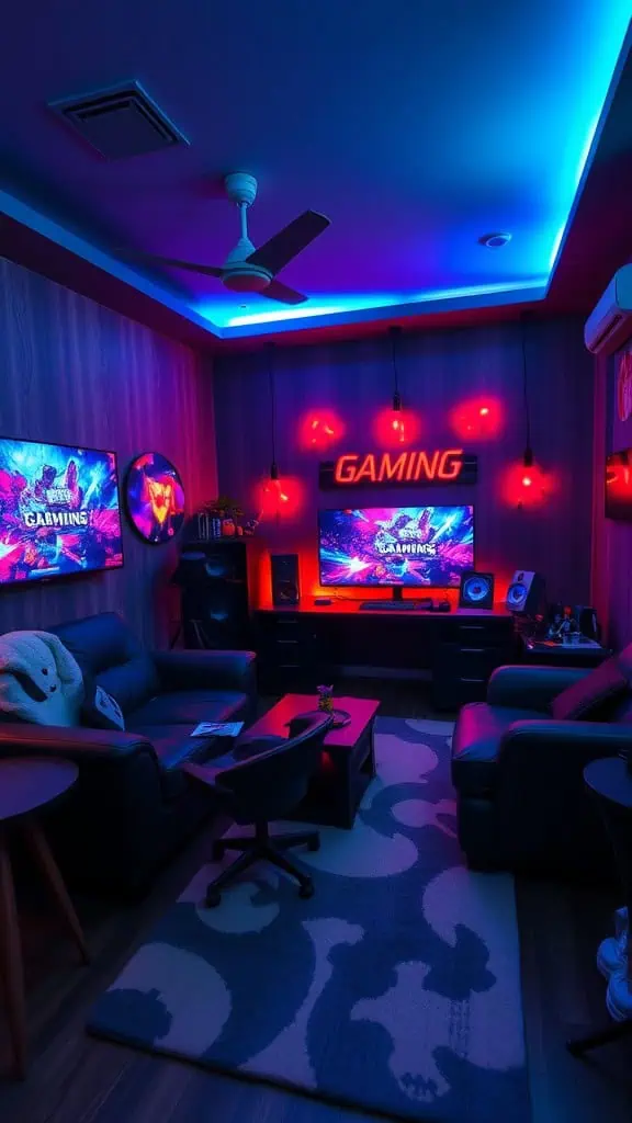 A stylish gaming room with colorful lights, two screens, and comfortable seating.