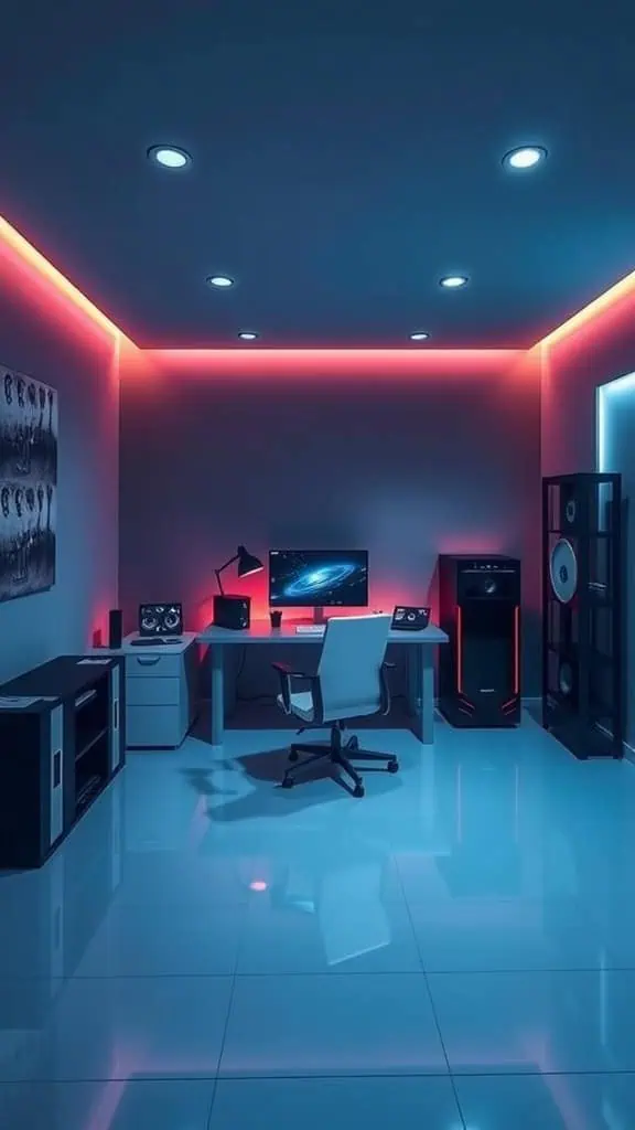 A minimalist gaming room featuring sleek furniture, a computer setup, and colorful LED lighting.