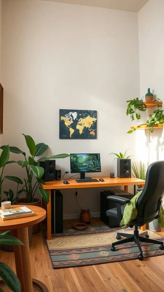 A bright and inviting home office space with plants, a desk, and a computer.