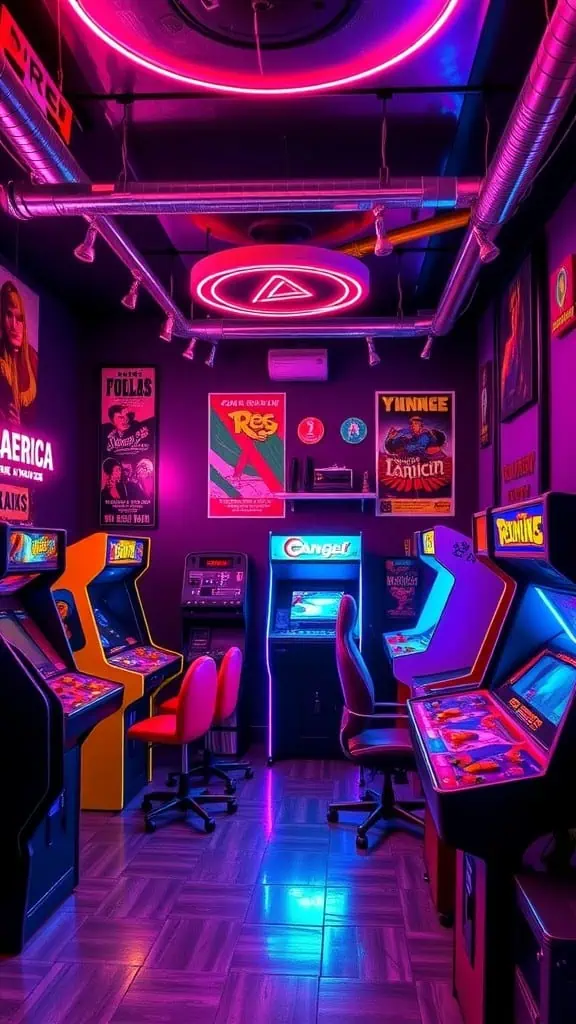 A vibrant retro arcade with neon lights and colorful arcade machines.