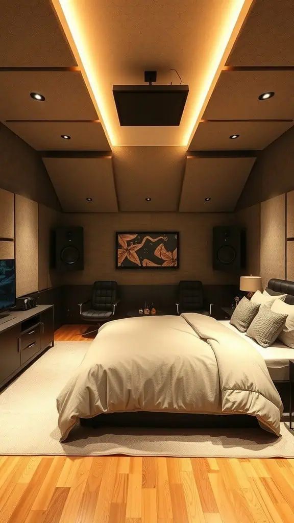 A soundproof gaming nook featuring comfortable chairs, a large desk, and two screens set in a well-insulated room.