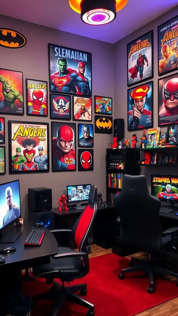 A cozy room decorated with superhero posters, collectibles, and a gaming setup.