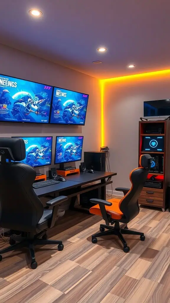 A modern tech-focused workspace featuring multiple monitors, gaming chairs, and stylish lighting.