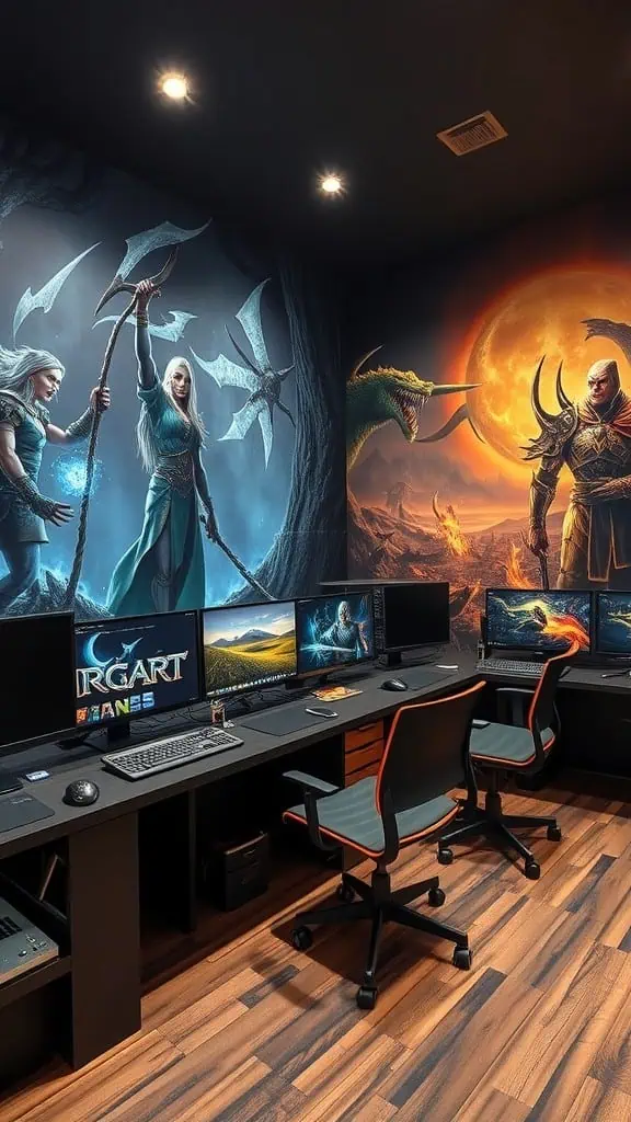 A fantasy-themed room with vibrant artwork depicting various characters and creatures, featuring multiple computer setups.