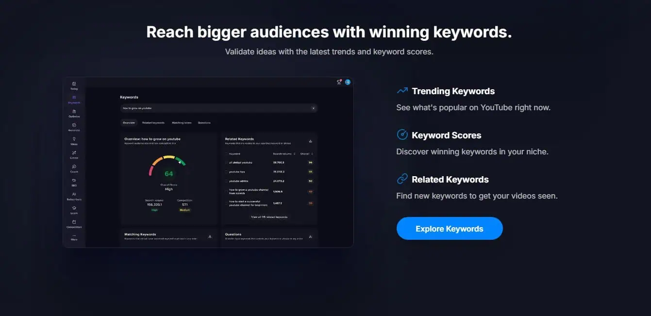 VidIQ website that displays their keyword research tool.