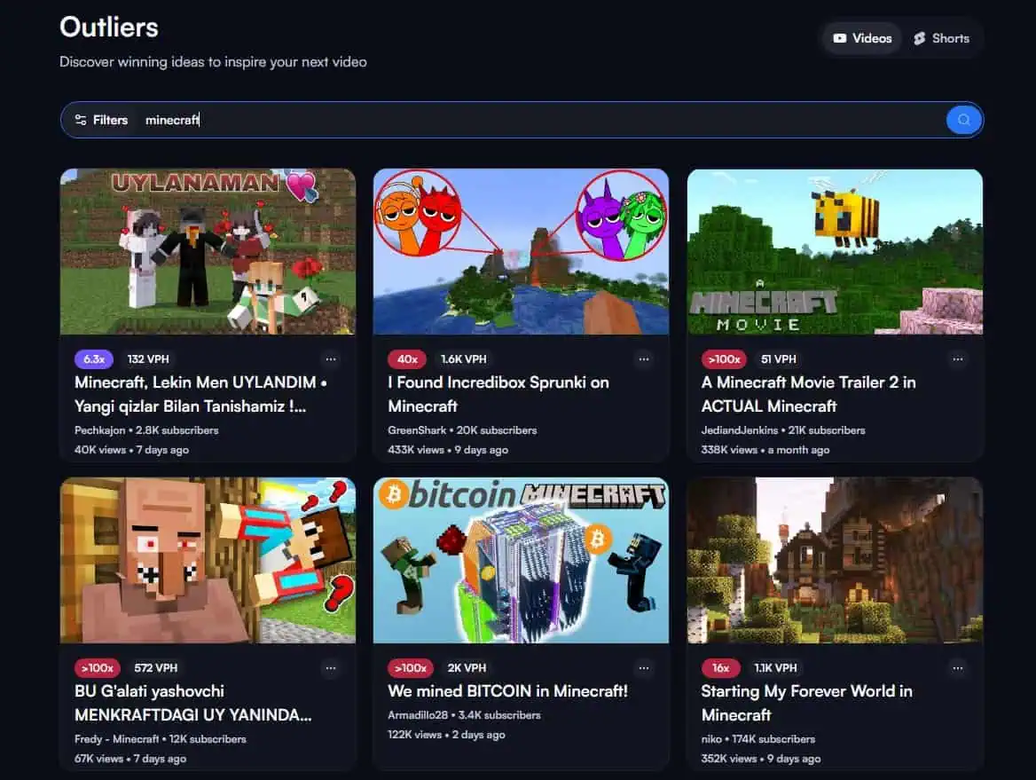 VidIQ's Outlier tool being filtered to show only minecraft outlier videos.