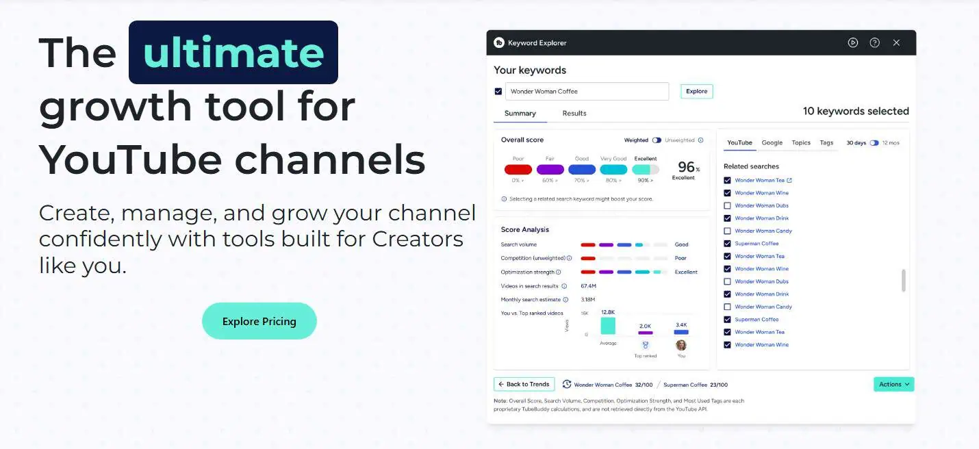 Tubebuddy's home page displaying their keyword explorer tool.