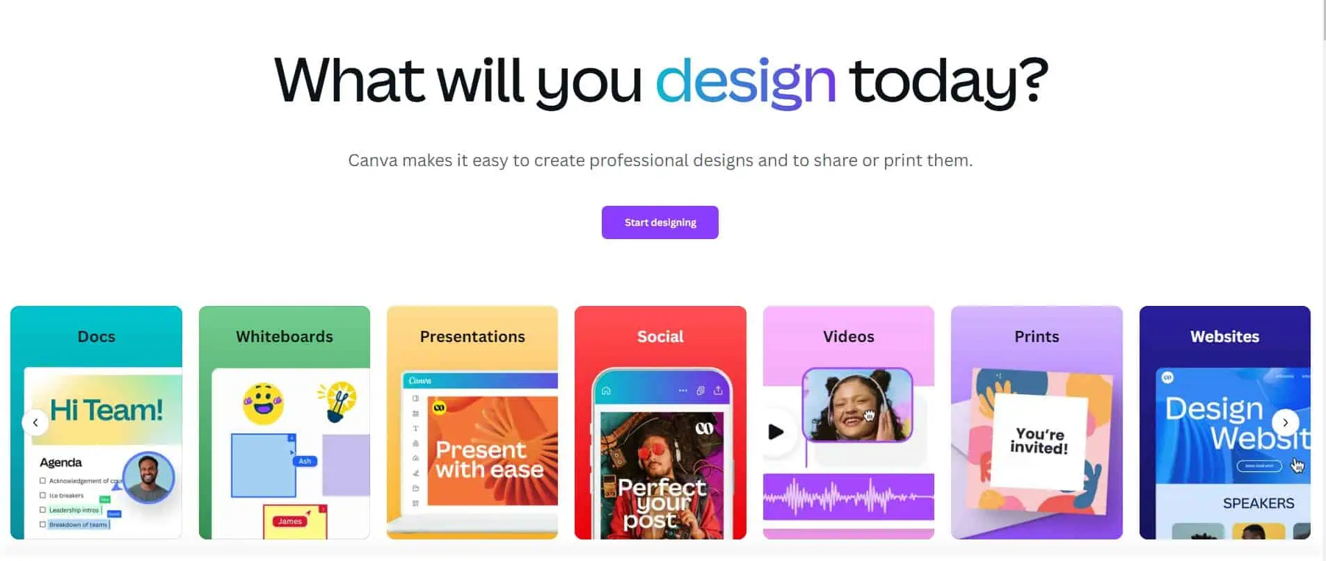 7 categories you can create on Canva to start designing.