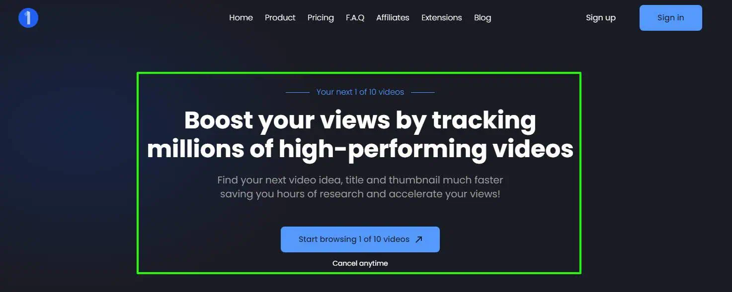 1of10.com landing page that says boost your views by tracking millions of high-performing videos.