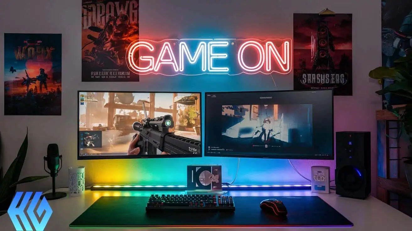 A vibrant gaming setup with dual monitors, neon 'Game On' signage, and colorful LED lighting, representing personalized and stylish gaming spaces.