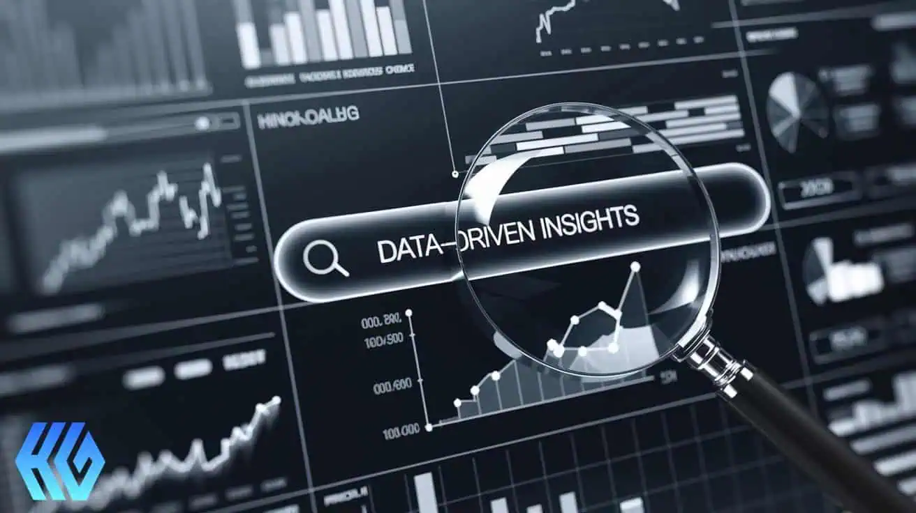 Magnifying glass over a search bar displaying 'Data-Driven Insights,' surrounded by graphs and analytics charts, representing strategic data use for content creation.